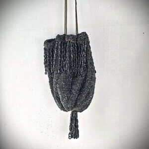 Victorian Small Black Steel Cut Bead Drawstring Evening Handbag Purse Bag Formal